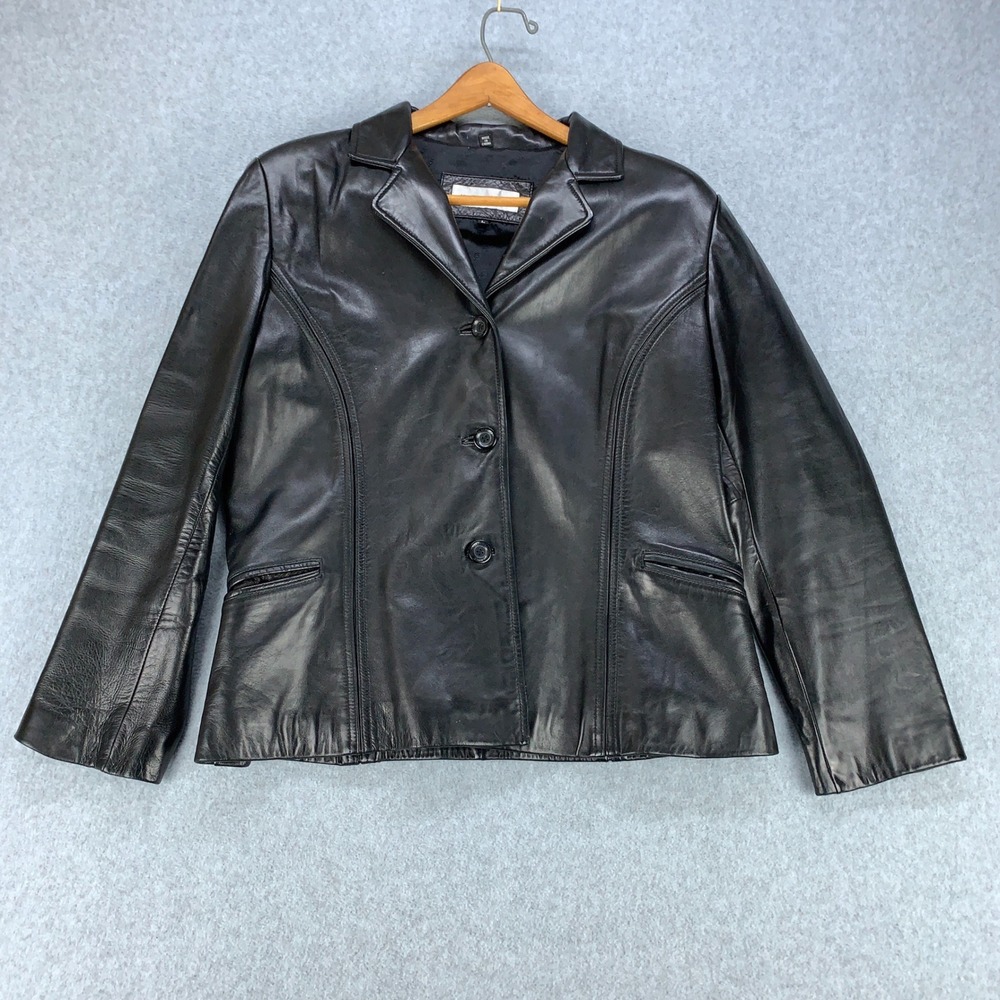 Jones New York Leather Jacket Women L Black Blazer 3-Button Solid 39564